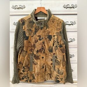 SUSAN BRISTOL Front Pocket Tapestry Jacket Sweater vintage PM in Brown and Green